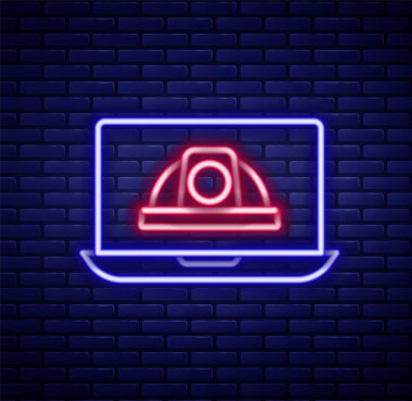 Parlayan neon hattı İşçi Kaskı simgesi tuğla duvar arka planında izole edildi. Renkli taslak konsepti. Vektör