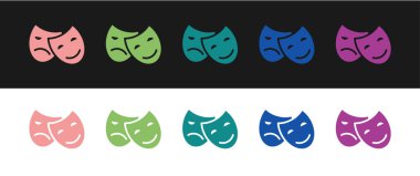 Komedi ve trajedi maskeleri ikonu siyah beyaz arka planda izole edildi. Vektör