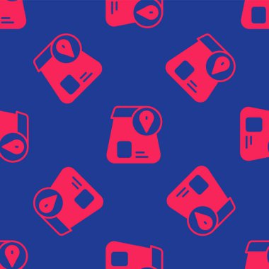 Kırmızı Çevrimiçi sipariş ve fast food dağıtım ikonu mavi arka planda izole edilmiş kusursuz desen. Vektör