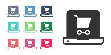 Ekran dizüstü bilgisayarındaki siyah alışveriş arabası beyaz arka planda izole edilmiş. Konsept e-ticaret, e-ticaret, online iş pazarlama. Simgeleri renklendirin. Vektör