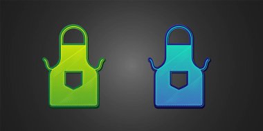 Yeşil ve mavi mutfak önlüğü simgesi siyah arka planda izole edildi. Yemek pişirmek için şef üniforması. Vektör