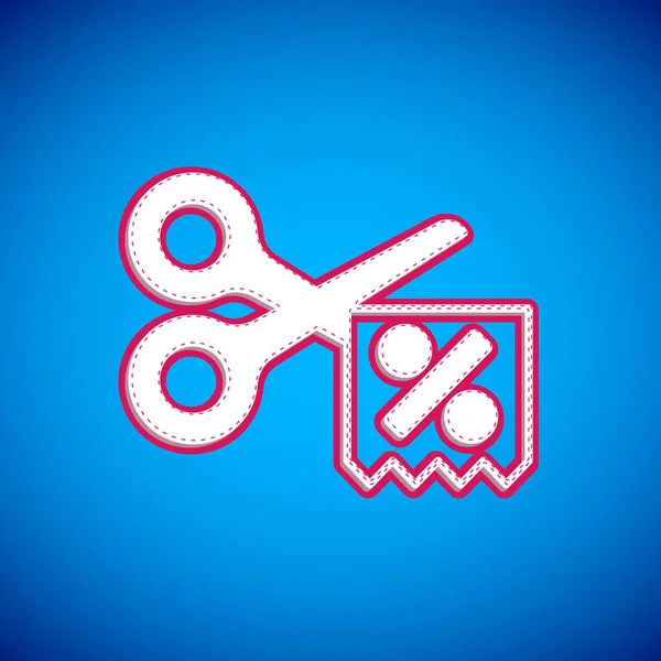 White Scissors cuts discount coupon icon isolated on blue background. The concept of selling in an online supermarket at low prices or half the cost. Vector — Stock Vector