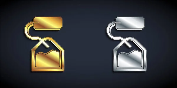 Gold and silver Tea bag icon isolated on black background. Long shadow style. Vector — Stock vektor