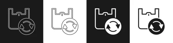 Set Bolsa de compras de papel con icono de reciclaje aislado sobre fondo blanco y negro. Bolsa con símbolo de reciclaje. Vector — Archivo Imágenes Vectoriales