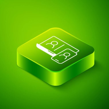 Isometric Video sohbet konferansı simgesi yeşil arkaplanda izole edildi. Çevrimiçi iş görüşmesi formu. Uzak proje yönetimi. Yeşil kare düğmesi. Vektör