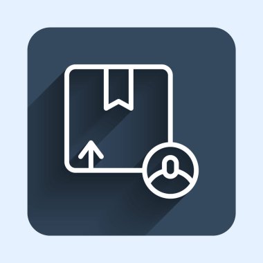Beyaz çizgi karton kutu simgesi uzun gölge arkaplan izole. Kutu, paket, paket işareti. Teslimat ve ambalaj. Mavi kare düğme. Vektör
