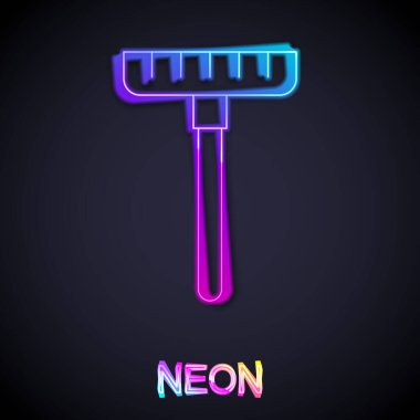 Parlayan neon çizgisi tırmık simgesi siyah arkaplanda izole edildi. Bahçecilik, tarım, çiftçilik aleti. Toprak işçisi. Temizlik ekipmanları. Vektör