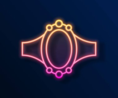 Parlak neon çizgili elmas nişan yüzüğü simgesi siyah arkaplanda izole edildi. Vektör