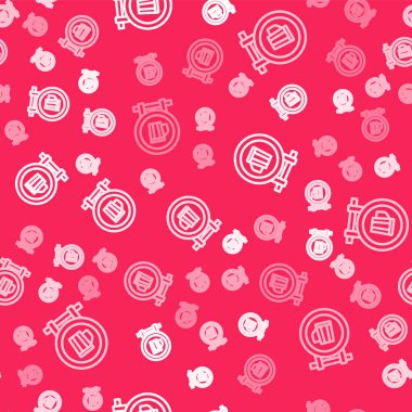 Beyaz çizgi sokak tabelasında kırmızı arka planda izole edilmiş cam ikon var. Reklamlar için uygun bar, kafe, bar, restoran. Vektör