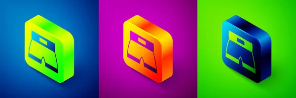 Isometric Boxing short icon isolated on blue, purple and green background. Square button. Vector — 스톡 벡터