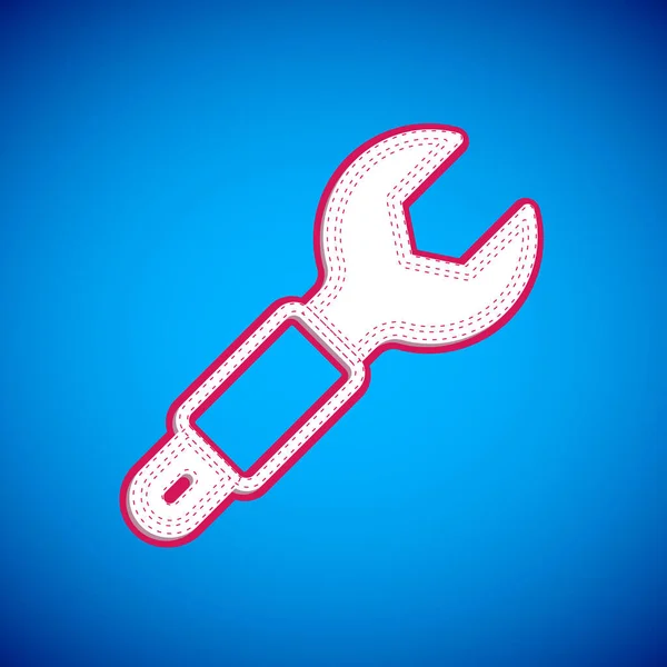 Άσπρο κλειδί κλειδιού που απομονώνεται σε μπλε φόντο. Εργαλείο επισκευής κλειδιών. Σύμβολο εργαλείου υπηρεσίας. Διάνυσμα — Διανυσματικό Αρχείο