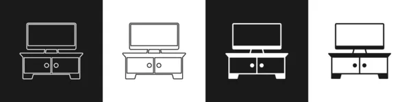 Set TV-Tisch stehen Symbol isoliert auf schwarz-weißem Hintergrund. Vektor — Stockvektor