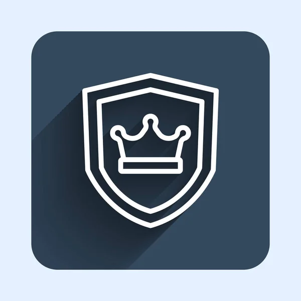 White line Shield with crown icon isolated with long shadow background. Blue square button. Vector — 图库矢量图片