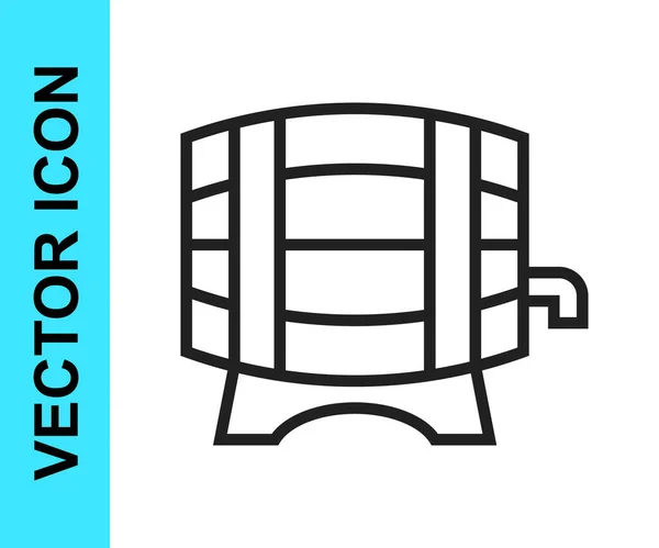 Schwarze Linie Holzfass auf Rack mit Hahn-Symbol isoliert auf weißem Hintergrund. Vektor — Stockvektor