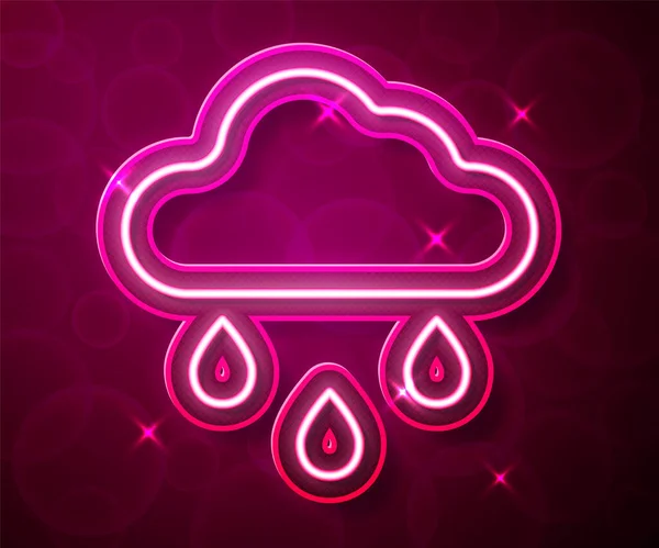 Ligne lumineuse néon Nuage avec icône de pluie isolée sur fond rouge. Précipitation de nuages de pluie avec gouttes de pluie. Vecteur — Image vectorielle