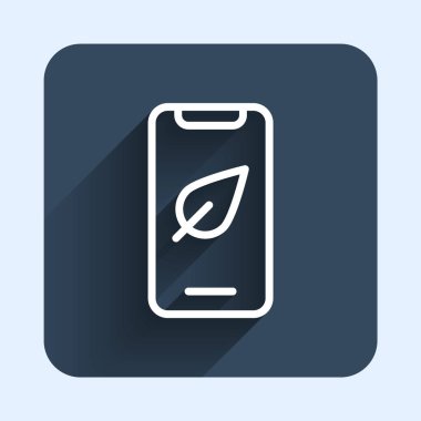 Beyaz çizgi akıllı telefon, uzun gölge arkaplan ile izole edilmiş yaprak ikonlu cep telefonu. Mavi kare düğme. Vektör