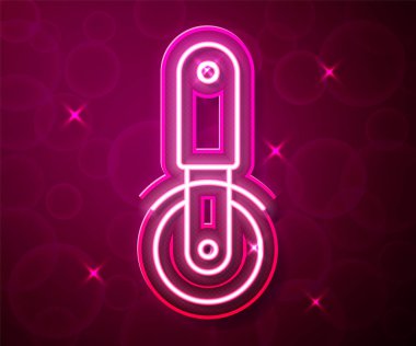 Parlayan neon hattı pizza bıçağı ikonu kırmızı arka planda izole edildi. Pizza kesme tabelası. Çelik mutfak gereçleri. Vektör