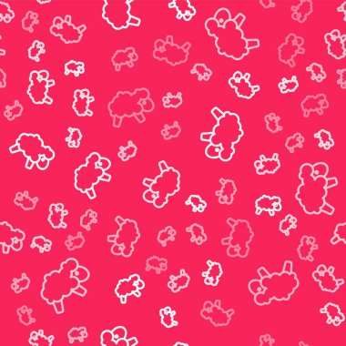 Beyaz çizgi Koyun simgesi kırmızı arkaplanda pürüzsüz desen izole etti. Uykuya dalmak için koyun saymak. Vektör