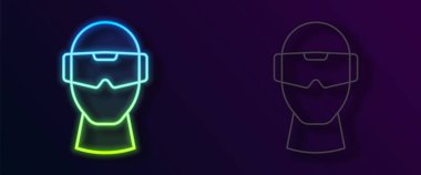 Parlayan neon çizgisi Sanal gerçeklik gözlüğü simgesi siyah arkaplanda izole edildi. Stereoskopik 3D VR maskesi. Optik baş monte edildi. Vektör