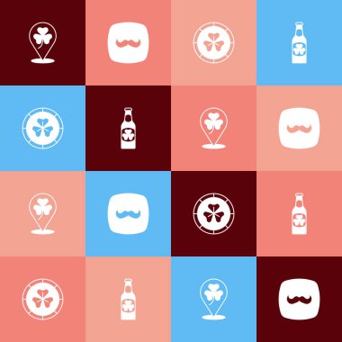 Clover marka folyo yaprağı, bıyık, altın leprikon sikke ve yonca ikonlu bira şişesi koyun. Vektör