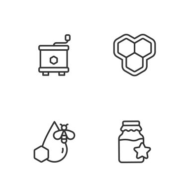 Bal kavanozu, arı ve bal peteği, bal sökücü ve bal peteği simgesini ayarla. Vektör