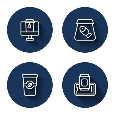 İnternetten yemek, balık, kahve fincanı ve uzun gölgeli yiyecek siparişi ver. Mavi daire düğmesi. Vektör