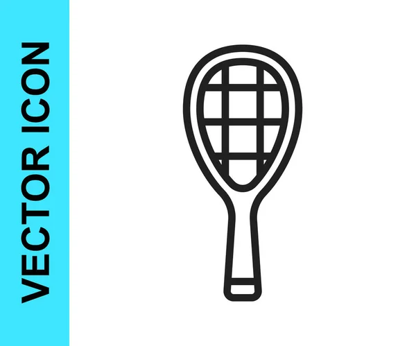 Black line Tennis racket icon isolated on white background. Sport equipment. Vector — Stock Vector