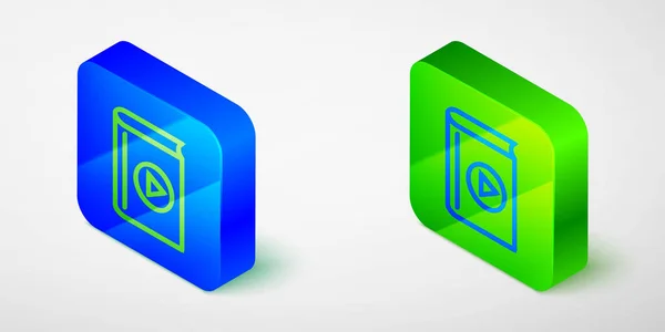 Isometric line Audio book icon isolated on grey background. Play button and book. Audio guide sign. Online learning concept. Blue and green square button. Vector — 图库矢量图片