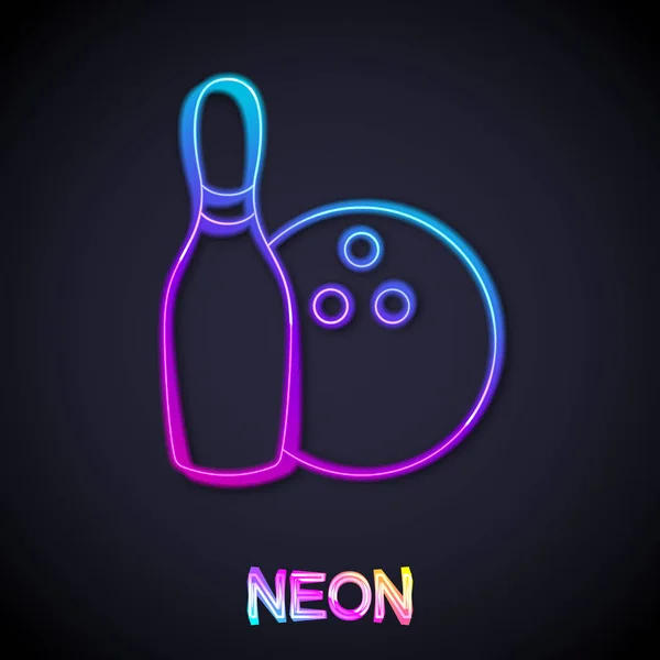 Brillante línea de neón Bowling pin y bola icono aislado sobre fondo negro. Equipamiento deportivo. Vector — Vector de stock