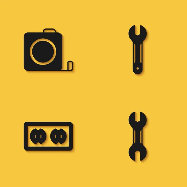 Set Roulette construction, Wrench spanner, Electrical outlet and icon with long shadow. Vector — Stock Vector