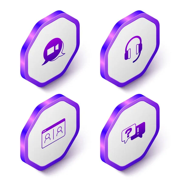 Set Isometric Video chat conference, Headphones, and Question and Answer icon. Purple hexagon button. Vector — Stock Vector