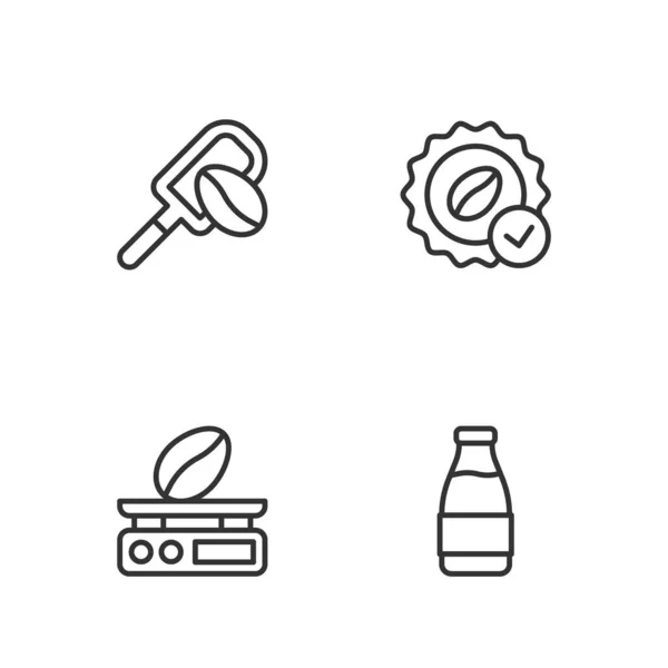 Set line Milk bottle, Electronic coffee scales, Spatula with grain and Medal for icon. Vector — 图库矢量图片