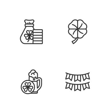 Bayraklı karnaval çelengi, bir bardak bira, para torbası yoncası ve dört yapraklı ikon. Vektör