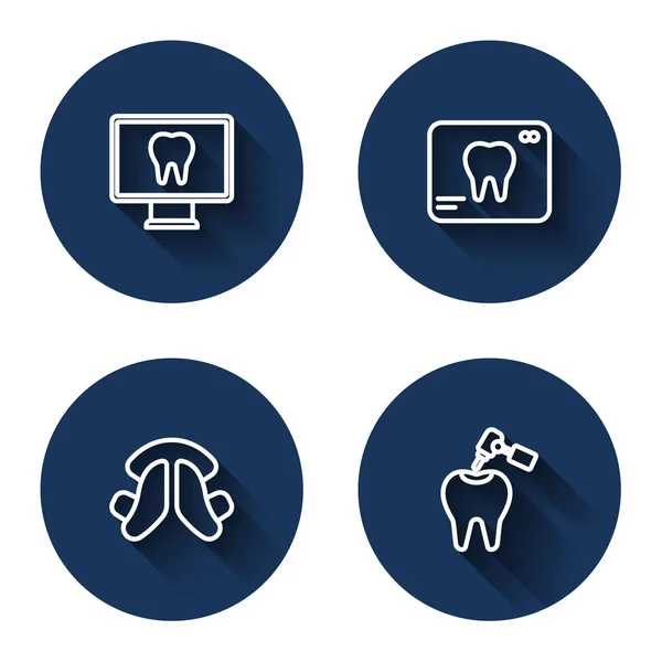 Set line Soins dentaires en ligne, radiographie de la dent, plaque dentaire et la dent avec des caries et percer avec une ombre longue. Bouton bleu. Vecteur — Image vectorielle