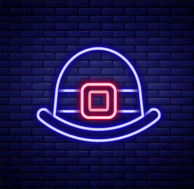 Parlayan neon hattı leprikon şapka ikonu tuğla duvar arka planında izole edildi. Aziz Patrick gününüz kutlu olsun. Ulusal İrlanda bayramı. Renkli taslak konsepti. Vektör