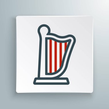 Harp simgesi beyaz arkaplanda izole edildi. Klasik müzik enstrümanı, orkestra akustik elementi. Renkli taslak konsepti. Vektör