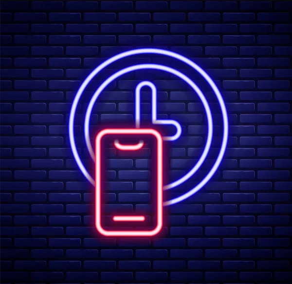 Parlayan neon hattı, saat başı dağıtım ikonu, tuğla duvar arkasında izole edilmiş. Renkli taslak konsepti. Vektör