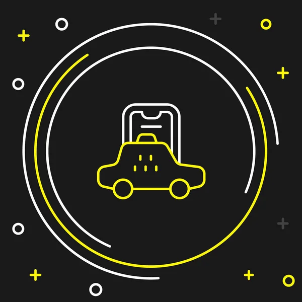 Line Taxi aplikacja mobilna ikona izolowana na czarnym tle. Aplikacja mobilna taksówka. Kolorowy koncept. Wektor — Wektor stockowy
