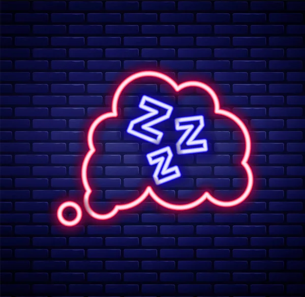 Glödande neon linje Sömnig ikon isolerad på tegelvägg bakgrund. Sömnig zzz pratar bubbla. Färgstarkt skisskoncept. Vektor — Stock vektor