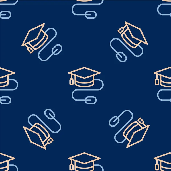 Línea Tapa de graduación con icono del ratón patrón inconsútil aislado sobre fondo azul. Símbolo de educación mundial. Concepto de aprendizaje en línea o aprendizaje electrónico. Vector — Vector de stock