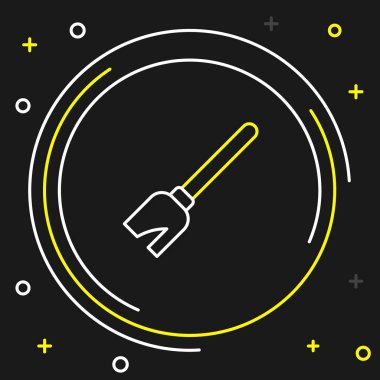 Çizgi Cadıları süpürge simgesi siyah arkaplanda izole edildi. Mutlu Cadılar Bayramı Partisi. Renkli taslak konsepti. Vektör