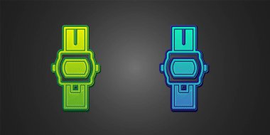 Siyah arkaplanda yeşil ve mavi kol saati simgesi var. Kol saati simgesi. Vektör