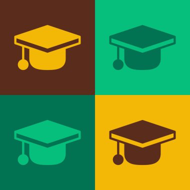 Pop Art Graduation Capduation ikonu renk arkaplanında izole edildi. Tassel ikonlu mezuniyet şapkası. Vektör