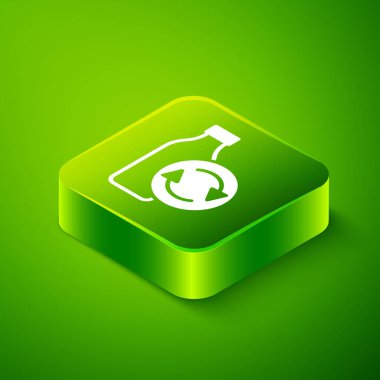 Yeşil arka planda izole edilmiş plastik şişe ikonu. Yeşil kare düğmesi. Vektör