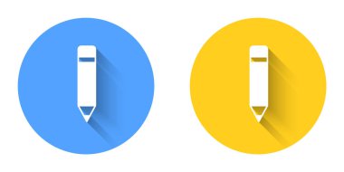 Silgi simgesine sahip beyaz kalem uzun gölge arkaplan izole. Çizim ve eğitim araçları. Okul sembolü. Çember düğmesi. Vektör