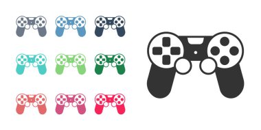 Siyah Oyun denetleyici veya oyun konsolu simgesi için joystick beyaz arkaplanda izole edildi. Simgeleri renklendirin. Vektör