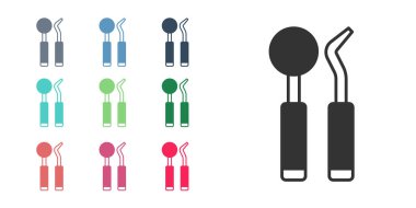 Siyah Diş Denetim Aynası ve sonda simgesi beyaz arkaplanda izole edildi. Kaşif pulluğu. Diş muayenesi. Simgeleri renklendirin. Vektör