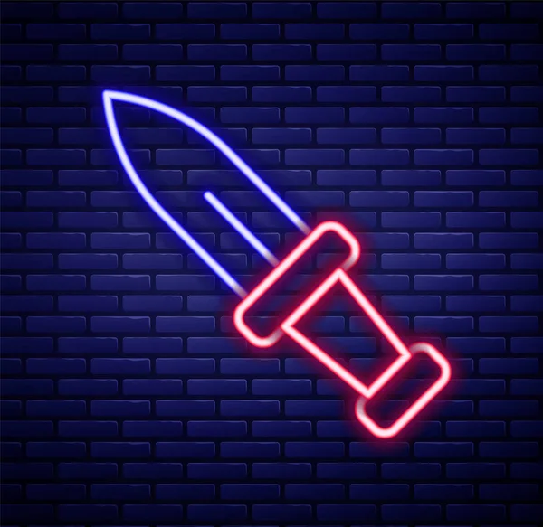 Parlayan neon hattı Hançer simgesi tuğla duvar arkasında izole edildi. Bıçak ikonu. Keskin bıçaklı kılıç. Renkli taslak konsepti. Vektör