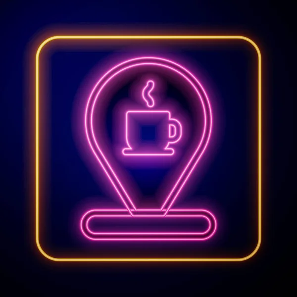 Gloeiende neon Locatie met koffiekopje pictogram geïsoleerd op zwarte achtergrond. Vector — Stockvector