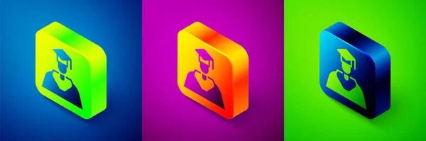 Isometric Graduate and graduation cap icon isolated on blue, purple and green background. Square button. Vector — 스톡 벡터